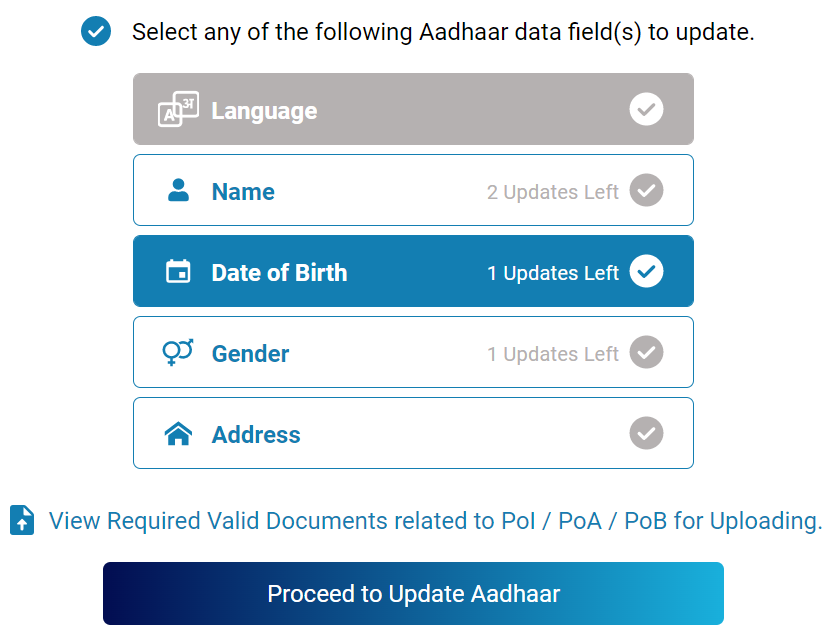 Date of Birth change / correction in AADHAAR online; select option.